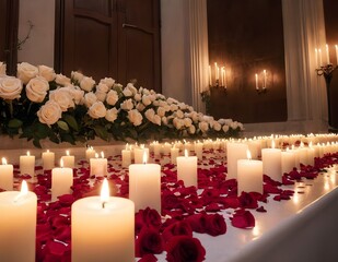 White Roses and Burning Candles on a Table in a Dimly Lit Room
