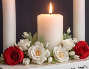 Obraz premium White Roses and Burning Candles on a Table in a Dimly Lit Room