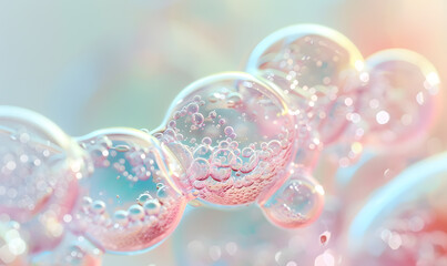 oil bubbles floating against a light background. The bubbles are semi-transparent with a reflective quality
