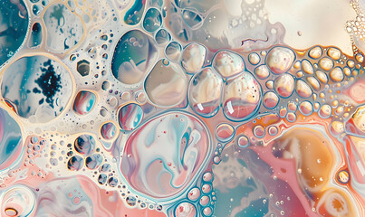 oil bubbles floating against a light background. The bubbles are semi-transparent with a reflective quality