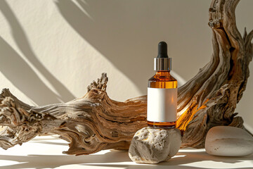 Glass serum dropper bottle with piece of driftwood. Skin care product packaging design