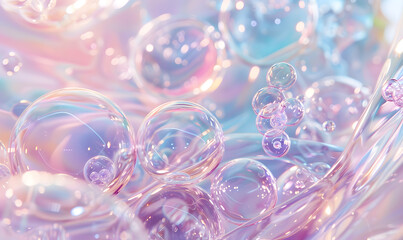 oil bubbles floating against a light background. The bubbles are semi-transparent with a reflective quality