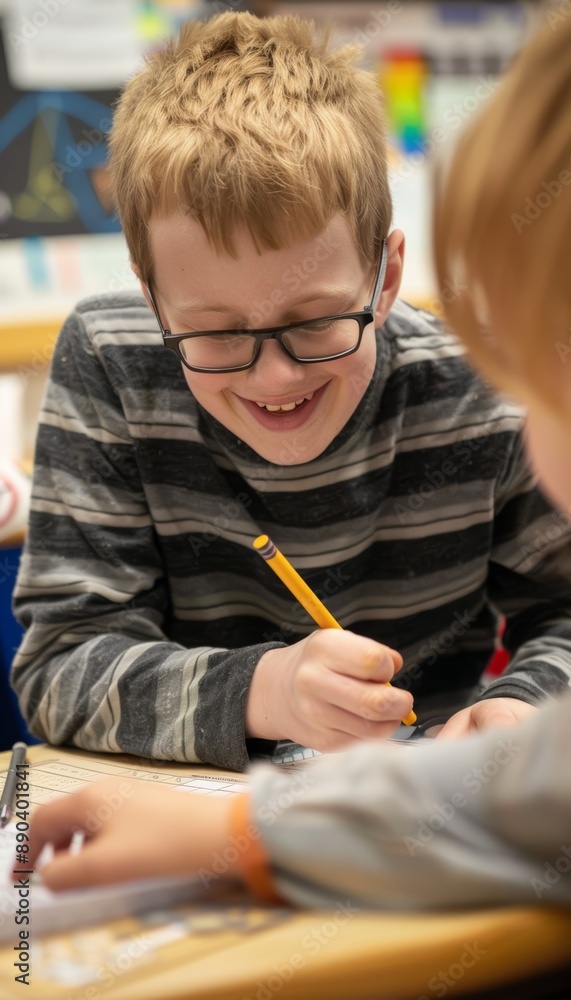 Poster blind student engaged in math lesson using adaptive tools with teacher support in inclusive classroo
