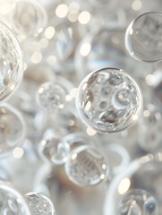 oil bubbles floating against a light background. The bubbles are semi-transparent with a reflective quality