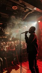Obraz premium Soulful Performance by Blind Vocalist in Atmospheric Concert Venue - Perfect for Music Event Posters