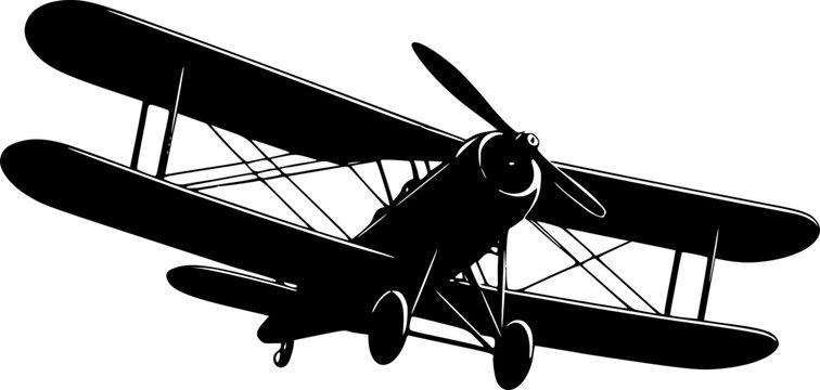 black biplane silhouette flying in the sky clip art preview