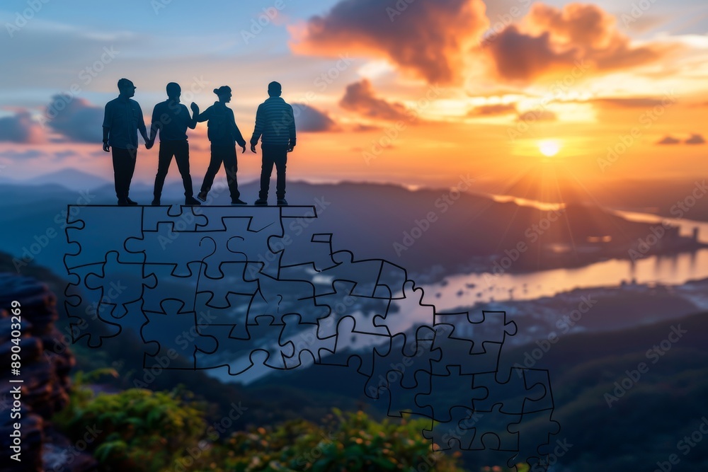 Poster group of people forming a puzzle on a mountain symbolizing teamwork and connection in a scenic setti