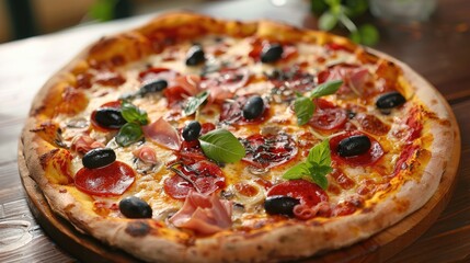 Delicious Italian Pizza with a Variety of Toppings on a Wooden Table