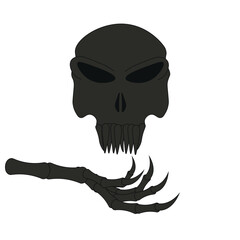 Horror Halloween concept with simple black skull and monster hand.  Scary skull isolated white background. Minimalism style vector illustration  t-shirt print postcard poster design. Helloween theme.