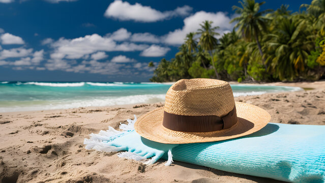 Tranquil beach scene featuring a straw hat with a brown band on a fringed light blue towel, turquoise waves, lush palm trees, and a bright blue sky with white clouds, creating a relaxing tropical para