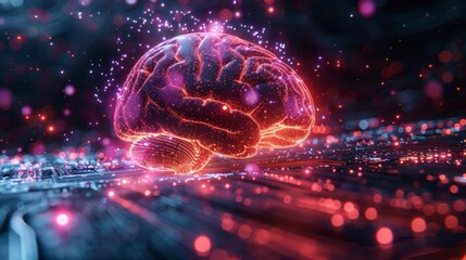 Neon glowing brain with circuit board - generative ai