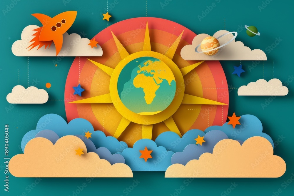 Poster colorful illustration of a globe with surrounding elements capturing the essence of global unity and