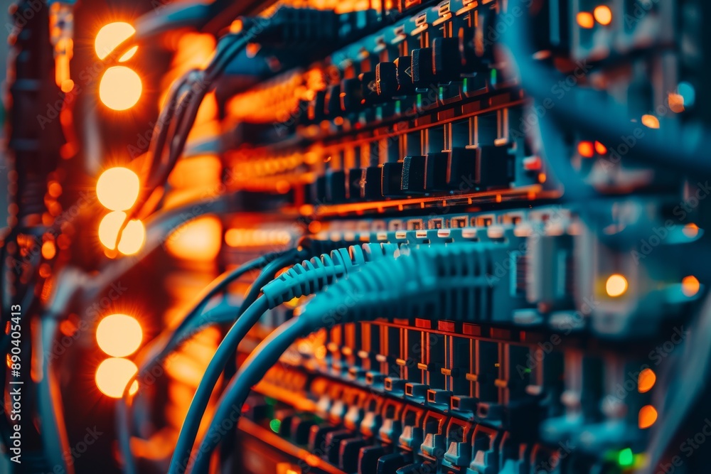 Poster close-up of neatly organized server rack cables in data center infrastructure for efficient data exc
