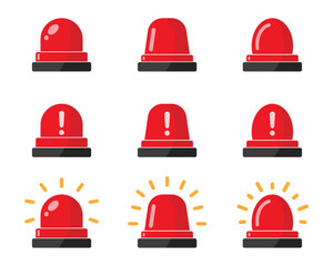 Emergency siren flashlight set for police, ambulance and alarms with exclamation hazard warning symbol in red color. Emergency police siren. Ambulance light vector set.