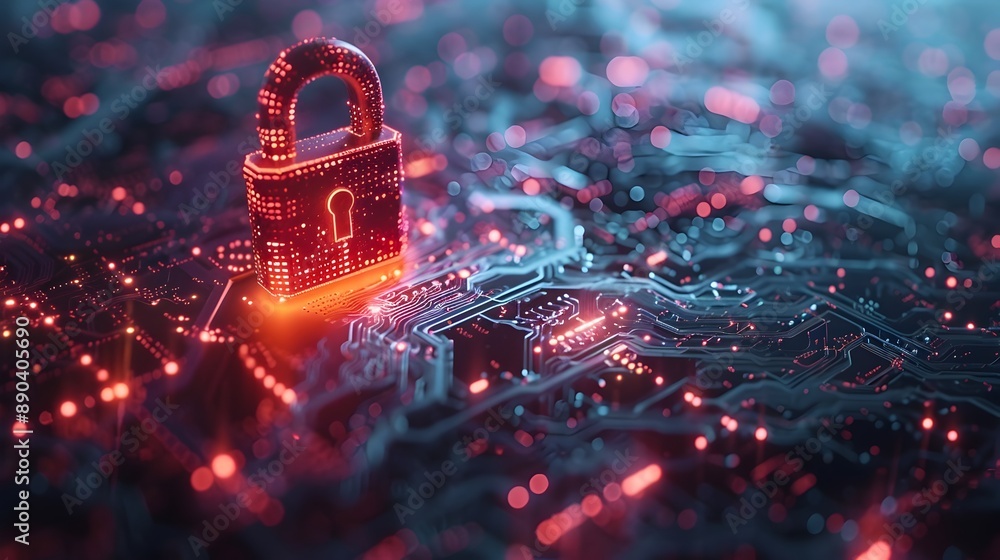 Poster futuristic digital security concept with matrix lock and cyber background