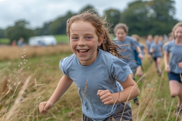 Girl Running and Smiling During a Race on a Sunny Day