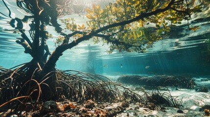 Underwater Mangrove Forest with Sunbeams