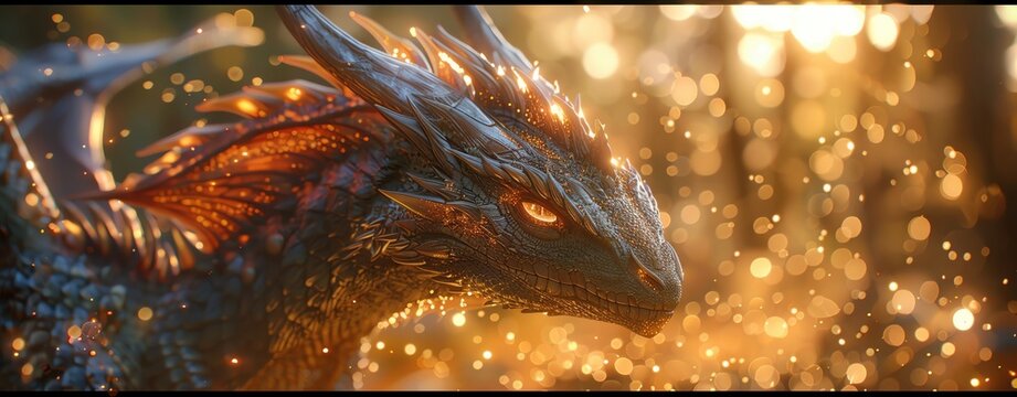 A magnificent wyvern with shimmering scales, in the enchanted forest, with glowing lights and glistening crystals, cinematic, bokeh effect, hyper realistic, detailed, fantasy