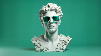  White marble male statue head with sunglasses on an isolated green background. Conceptual art in the style of pop surrealism.