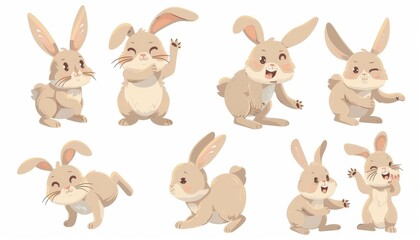 Naklejka premium Adorable Rabbits in Various Poses: Playful Bunnies for Children's Storybook Illustrations and Animal World Concepts. Cute Cartoon Characters on White Background, Perfect for 4K High-Definition Wallpap