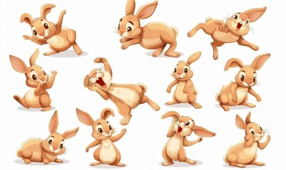 Naklejka premium Adorable Rabbits in Various Poses: Playful Bunnies for Children's Storybook Illustrations and Animal World Concepts. Cute Cartoon Characters on White Background, Perfect for 4K High-Definition Wallpap