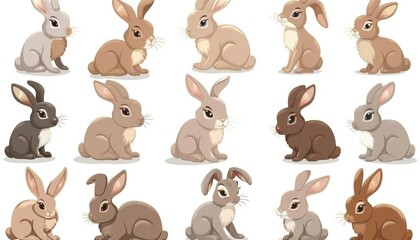Naklejka premium Adorable Rabbits in Various Poses: Playful Bunnies for Children's Storybook Illustrations and Animal World Concepts. Cute Cartoon Characters on White Background, Perfect for 4K High-Definition Wallpap