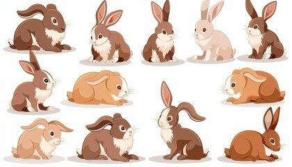 Naklejka premium Adorable Rabbits in Various Poses: Playful Bunnies for Children's Storybook Illustrations and Animal World Concepts. Cute Cartoon Characters on White Background, Perfect for 4K High-Definition Wallpap