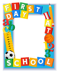 First day at school booth design, Back to school photo frame. First day at school 2024-2025 creative vector text with colored cubes, pencil, sport balls, ruler and sharpener