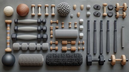 Fitness equipment flat lay.