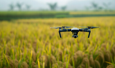 A close-up view of a sleek agricultural drone hovering low over a vibrant field of crops.
