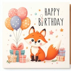Birthday square invitation, card, banner with cartoon little fox, colorful balloons, gifts on white background