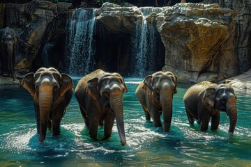 Elephants at Watering Holes Scenes of elephants drinking, bathing, or splashing water at natural watering holes, showcasing their social behavior