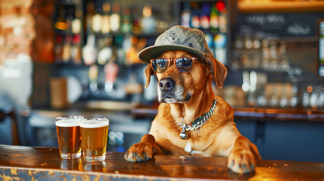 A fashionable dog enjoying a beer in a lively bar 