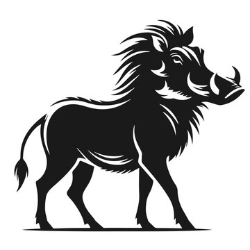 recommend clip art: Black and white vector silhouette of a Common warthog isolated on white background	
                    