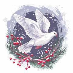 Fototapeta premium Beautiful Christmas dove illustration, white dove set against winter festive background. This elegant design symbolizes peace and goodwill, perfect for holiday greetings - for Christmas, for New Year.