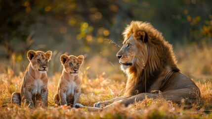 Naklejka premium Lions with Their Pride Images showcasing the social structure of lion prides, including interactions between males, females, and cubs