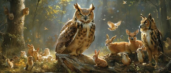 Owls with Woodland Animals Images of owls interacting with other woodland animals, such as deer, foxes, and rabbits, creating a diverse and harmonious wildlife scene
