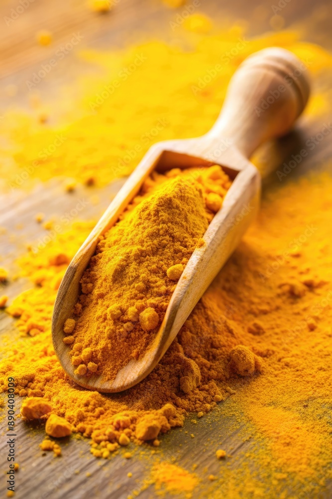 Sticker Turmeric powder in a wooden scoop on a rustic table.