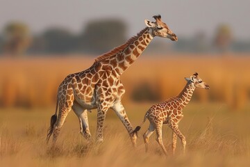 Obraz premium Baby Giraffes with Their Mothers Images of adorable baby giraffes, or calves, walking, playing, and interacting with their mothers in the wild