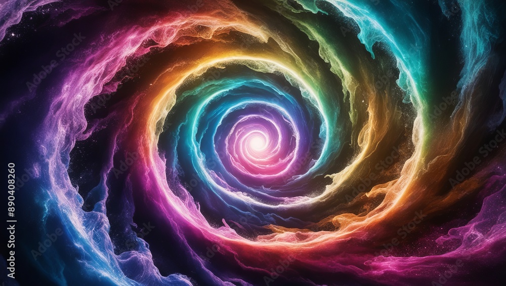 Poster captivating digital illustration of a colorful spiral galaxy in space, with rich hues and dynamic sw