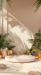 3D Indoor Podium with Summer Concept. Platform Background with Copy Space
