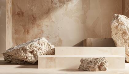 Stone podium mockup. Minimalism design. Empty rock stage template. Promotion platform with copyspace. Natural blank luxury pedestal with copy space for banner