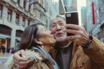 Elderly Asian couple taking a selfie in the city.