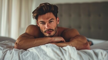 A man is laying on a bed with his arms crossed and a beard