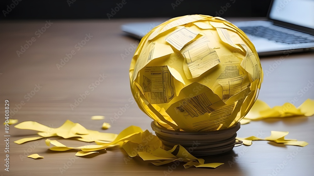 Aufkleber a ball of yellow scrap paper painted with a picture for a virtual lightbulb. it is an innovative sol