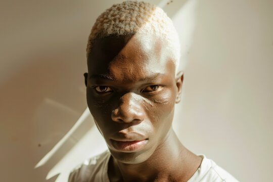 Close-up portrait of a serious man with blond hair and textured skin, highlighted by natural light and shadows.