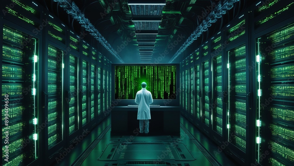 Poster advanced data center with a person managing servers, illuminated by green lights, representing the h