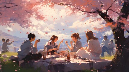 Friends having a picnic under a cherry blossom tree