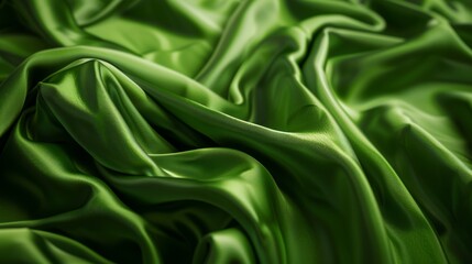 Green satin fabric in folds and waves