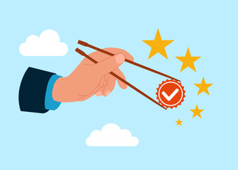 Gamma arms fingers hold chopsticks with quality Control to check quality and giving certified. Modern vector illustration in flat style